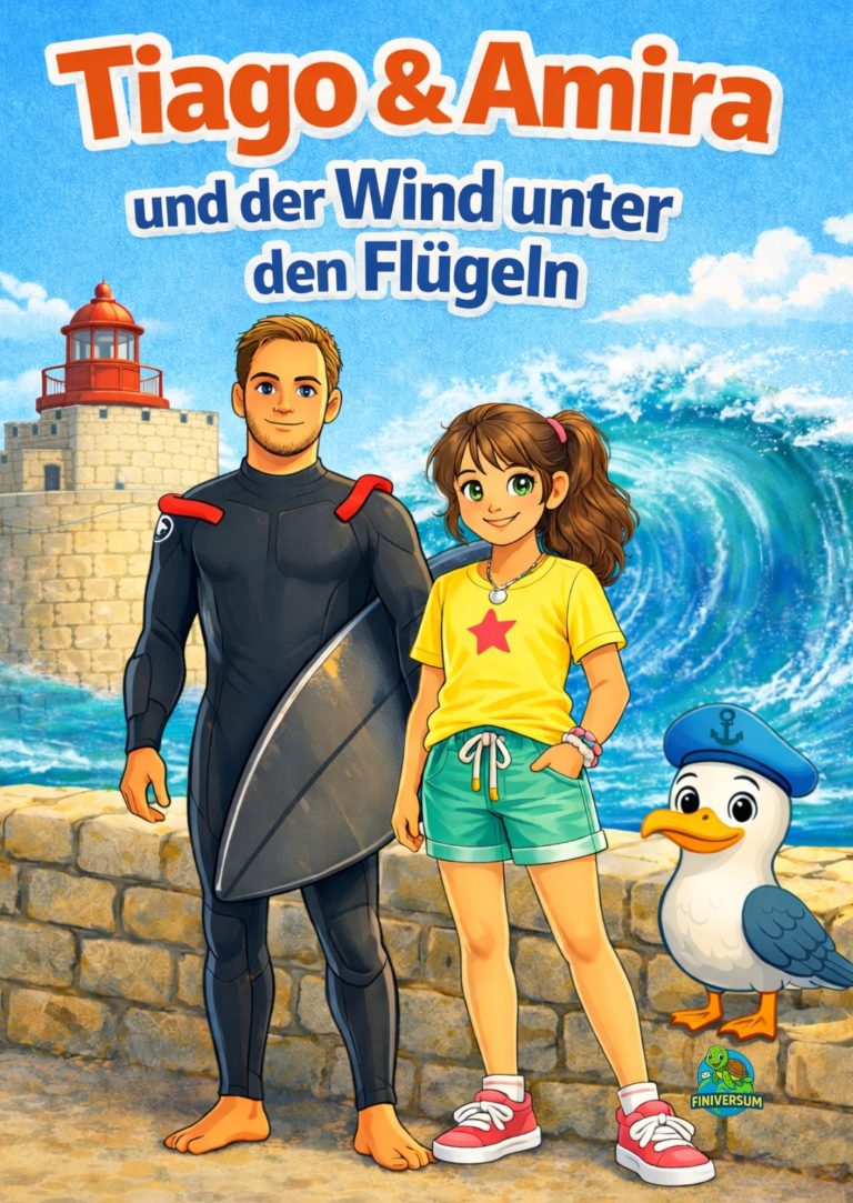 Kinderbuch: Tiago & Amira und der Wind unter den Flügeln Tiago und Amira stehen am Strand, umgeben von Wellen und einem Leuchtturm.