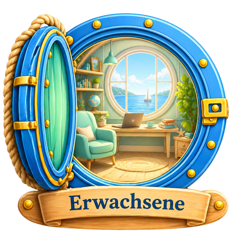 Einstiegsluke zum Erwachsenenbereich Runder blauer Hafenblick mit Schreibtisch, Stuhl und Pflanzen im Hintergrund.